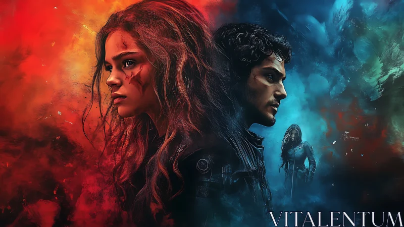 Dual warrior portraits in cinematic red and blue contrast.