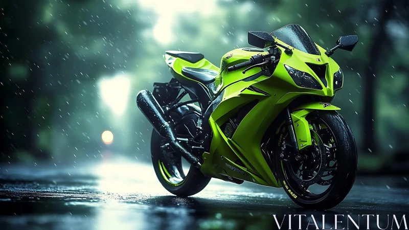 Neon sport motorcycle poised on glossy rain-soaked street.