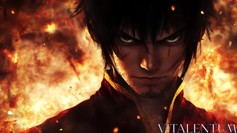 Brooding fire-wielder stands defiantly amid blazing inferno.