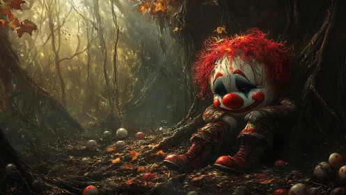 Desaturated forest corridor frames slumped clown figure in dappled light