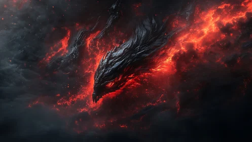Molten dragon head emerging from dark volcanic clouds.