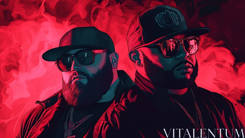 Twin titans of neon smoke swaggering under crimson skies.