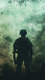 Silhouetted lone soldier framed by textured storm haze.