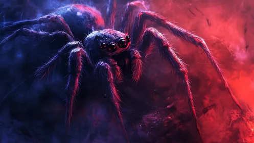 Giant neon spider stalks through eerie red and blue haze