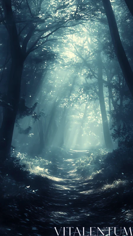 Luminous Forest Passage: Atmospheric Light Through Woodland Canopy.