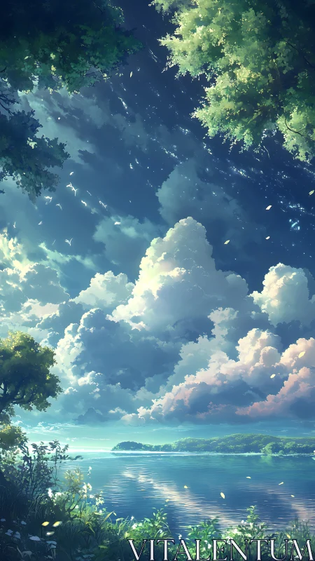 Summer lakeside with cumulonimbus sky in high-detail anime art