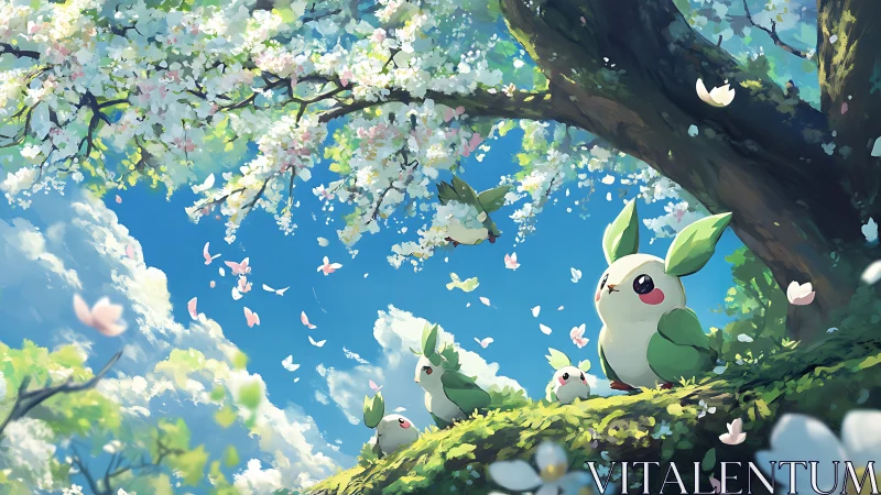 Springtime leaf critters resting under a blooming sky canopy.