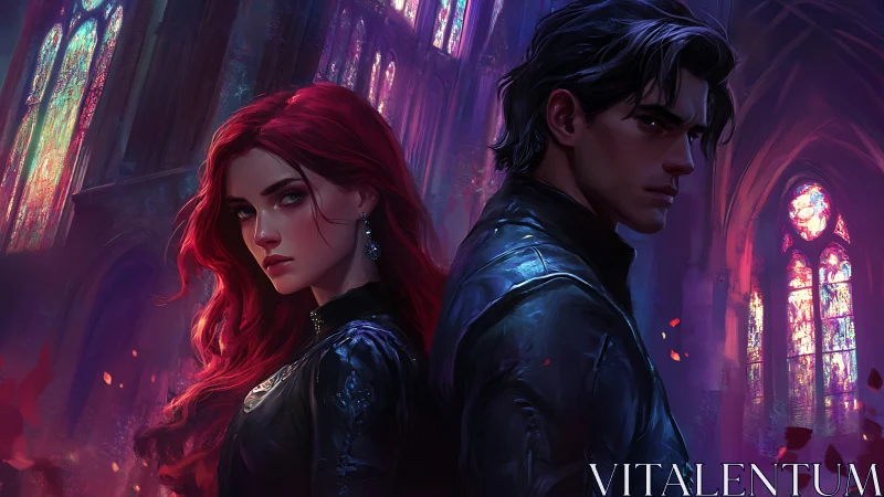 Opposed duo stand in stained-glass nave with dramatic rim lighting