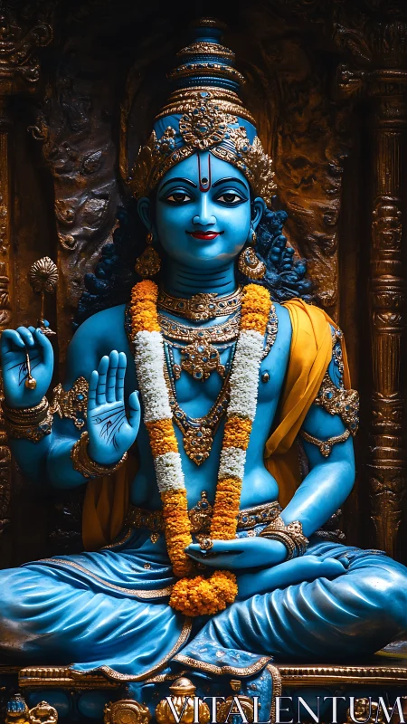 Blue divine deity in marigold garlands and jeweled splendor.