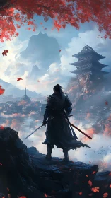 Lone samurai overlooking misty valley and distant temple.
