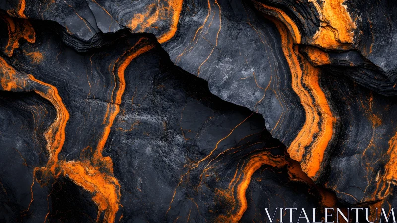 Abstract dark stone texture with vivid orange veins, digital art.