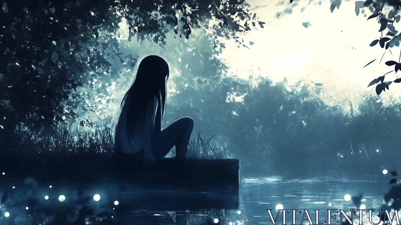 Silhouetted figure sits by reflective water at dusk