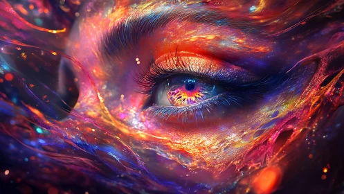 Cosmic human eye merges with swirling neon galaxy.