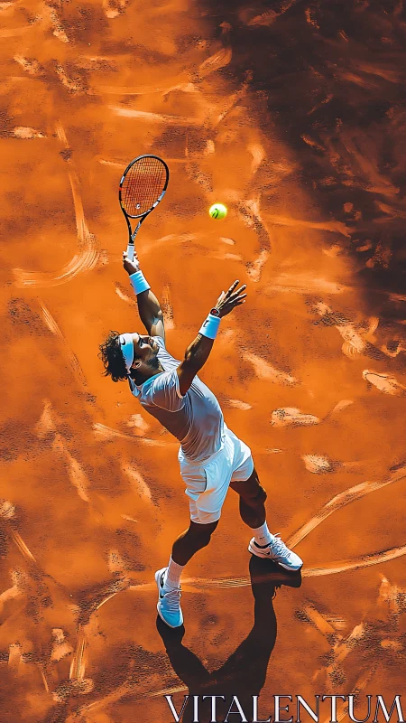 Clay court tennis serve captured in dynamic overhead view.