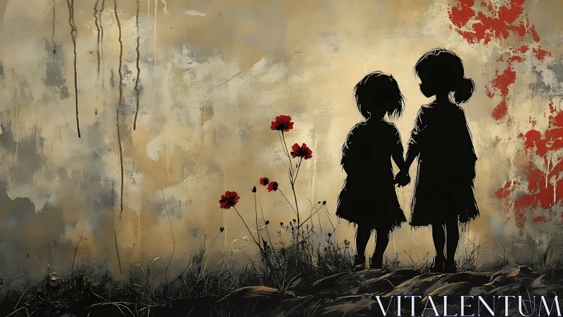 Silhouetted Children with Red Poppies Against Textured Neutral Background.