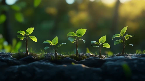 Young seedlings growing in a sunlit forest, nature macro style.