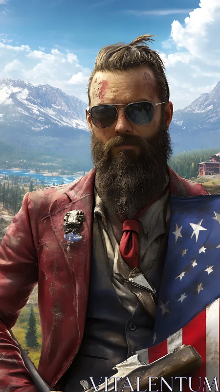 Bearded man in red suit holding US flag in mountains.