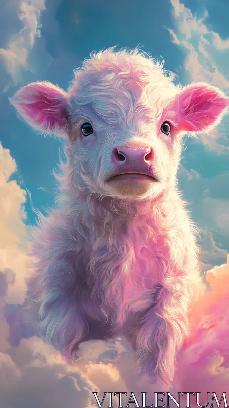 Dreamy pastel calf floats serenely above iridescent clouds.