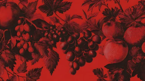 Red monochrome fruit engraving with grapes and apples.
