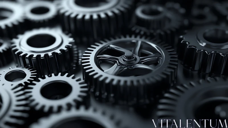 Black metal gears interlock in a tightly packed arrangement.