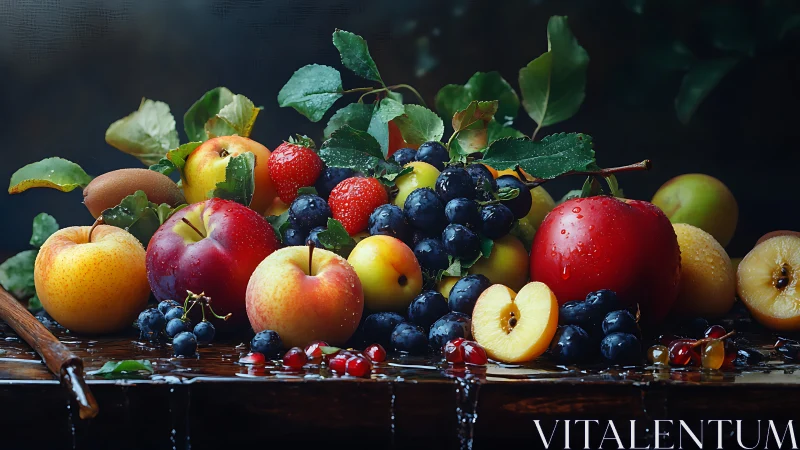 Vibrant assorted fruits rest on wet wooden surface under light