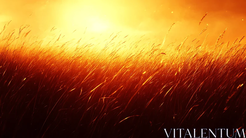 Sunlit tall grass field is shown in intense warm backlight