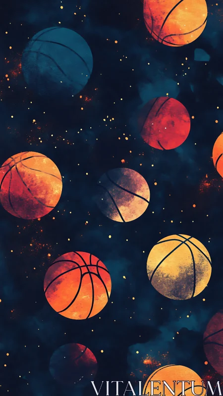 Cosmic basketball orbits glow through deep indigo void