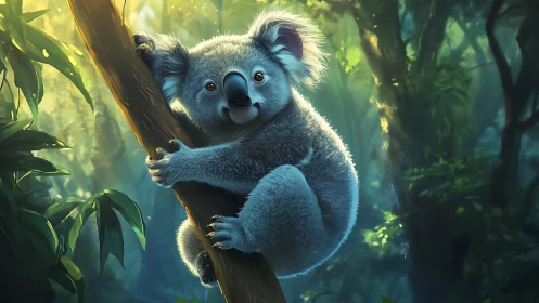 Koala holding to tree trunk in softly lit forest scene.
