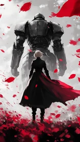 Solitary figure before armored mech amid crimson petals
