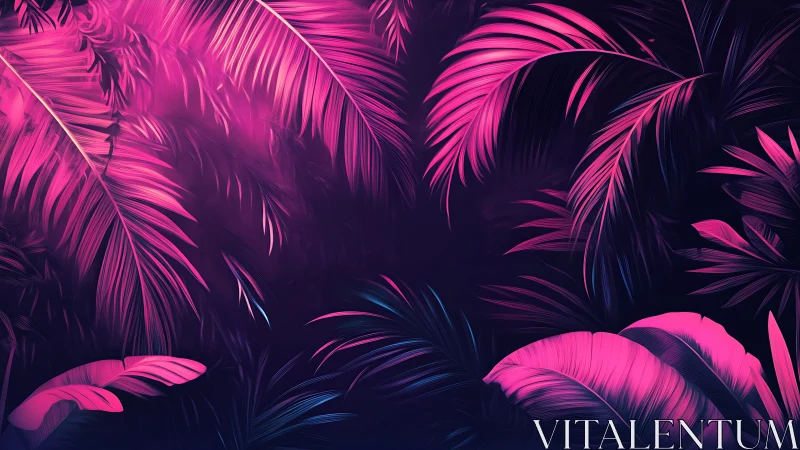 Neon pink tropical leaves glow against a deep violet night