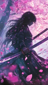 Samurai silhouette under cherry blossoms with dual swords.