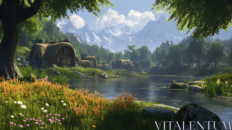 Riverside village with thatched cottages and snowy mountains