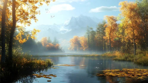 Autumnal alpine lake with volumetric mist and spectral foliage.