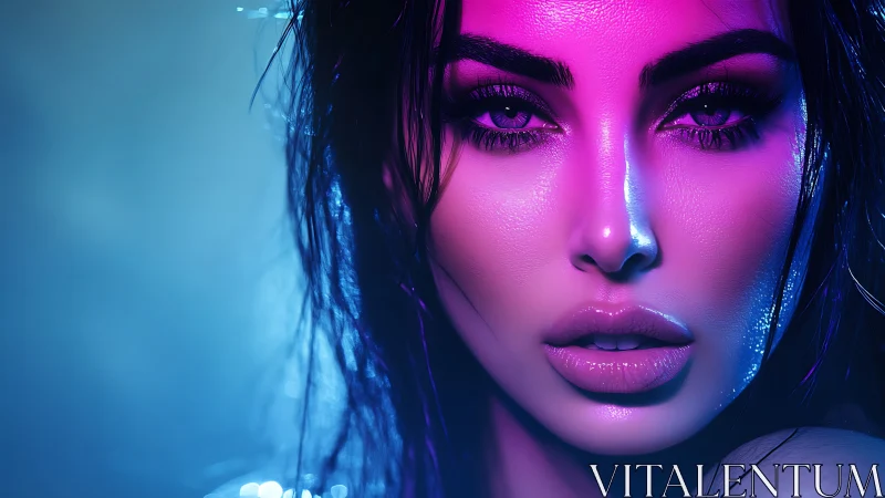 Neon lit female portrait with strong magenta blue contrast.