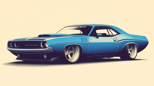 Low-angle render showcases streamlined blue muscle car profile