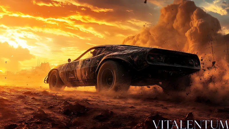 Muscle car drifts through burning desert dust at sunset