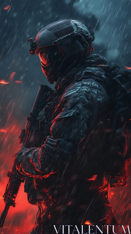 Futuristic soldier stands in burning rain soaked battlefield.