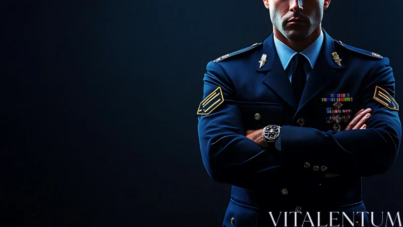 Officer in dress uniform stands in dramatic studio light