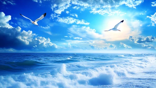 Digital seascape with soaring gulls under luminous sky.