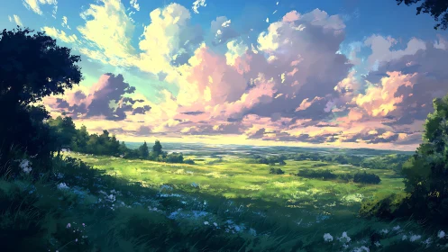 Expansive summer meadow rendered in luminous painterly light
