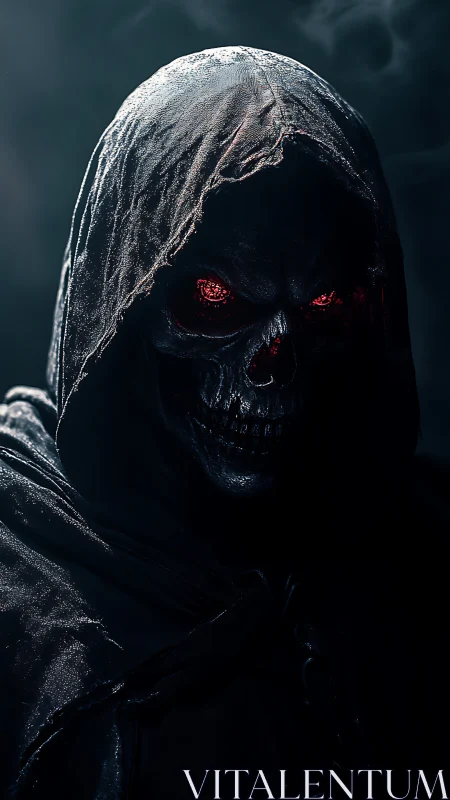 Hooded skeletal figure with illuminated red eye sockets.