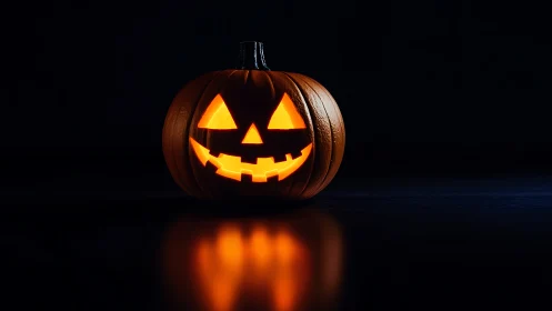 Illuminated carved pumpkin jack o lantern on dark surface.