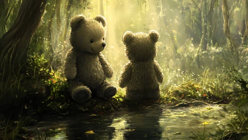 Teddy bear friends sharing quiet forest sunshine by a pond.