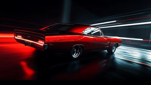 Photorealistic red muscle car in neon motion tunnel composition.