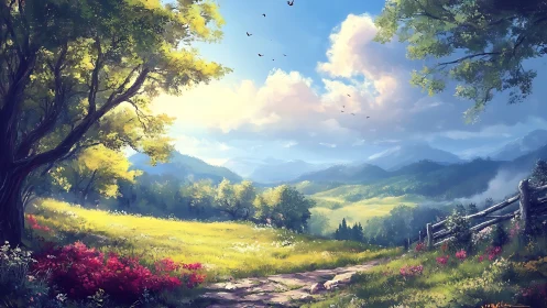 Sunlit meadow path opening onto peaceful mountain valleys.