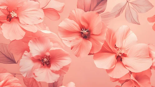 Coral hibiscus blooms layered in soft gradient palette.