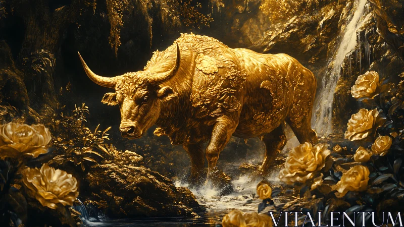Golden forest bull crossing a sparkling enchanted stream.