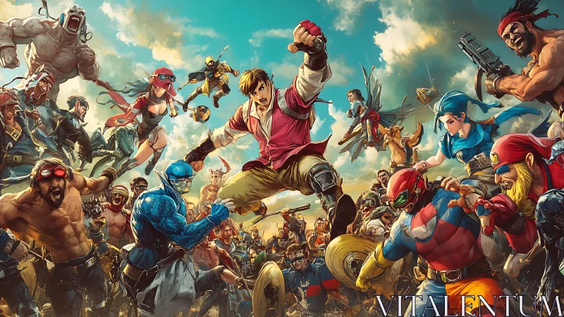 Epic superhero melee under dramatic sky in digital art.