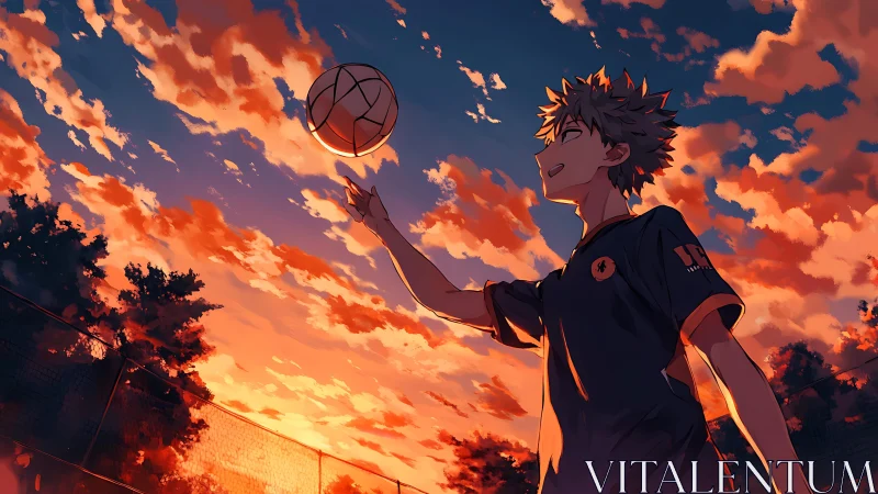 Orange sunset crowns joyful anime volleyball player.