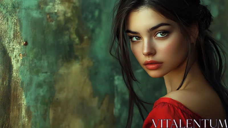 Cinematic portrait of woman in red against textured teal wall.